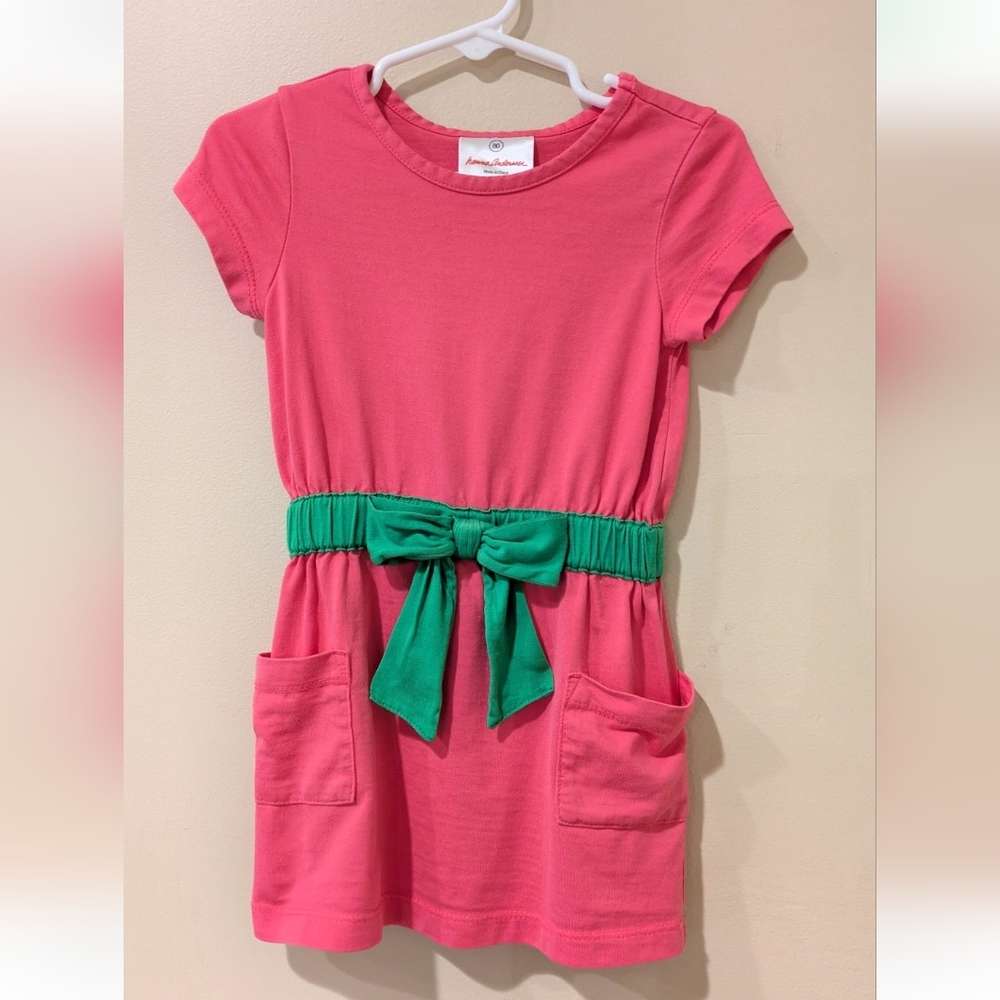 Hanna Andersson Pink Dress with Green Bow ~ Sz 80 (18-24 mo)